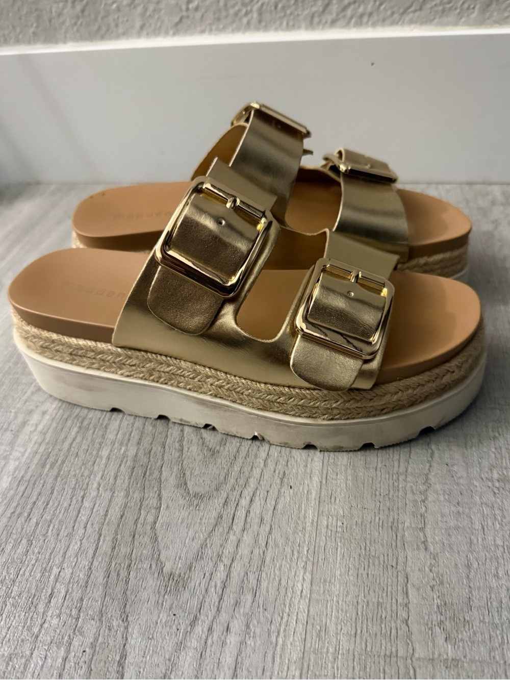 Gold Double-Buckle Platform Slide Sandals